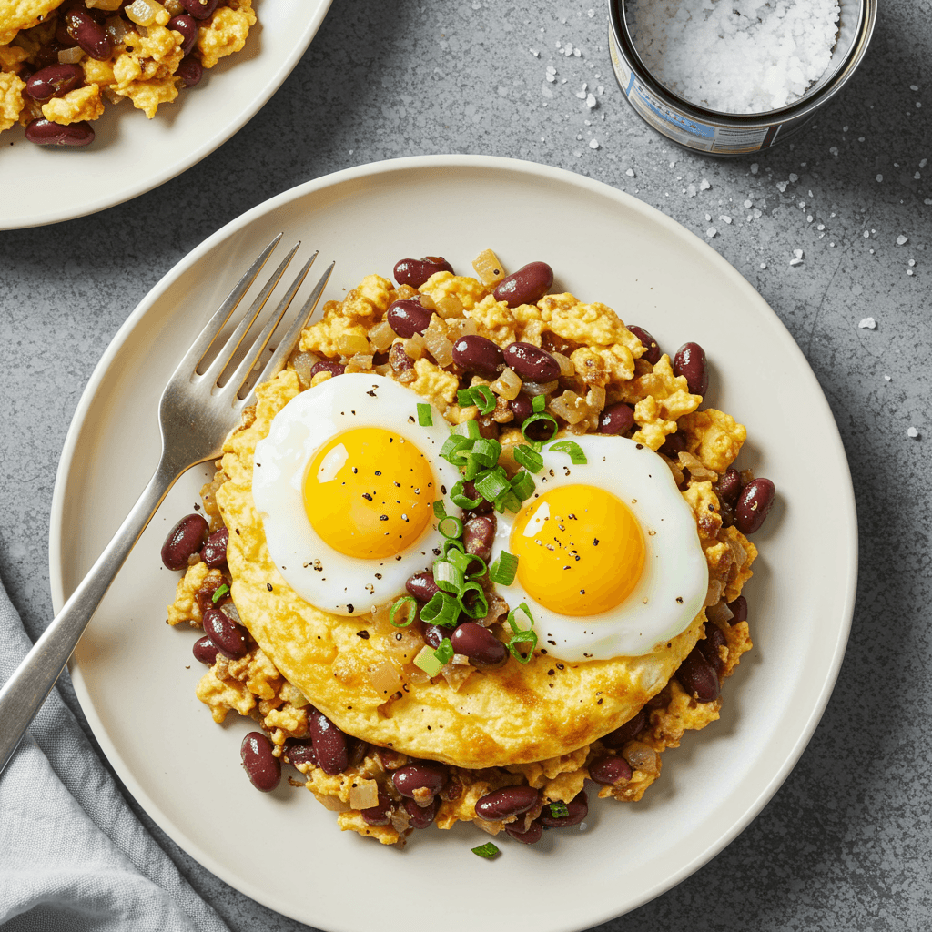 Savory breakfast scramble with eggs, beans, and vegetables in a pan