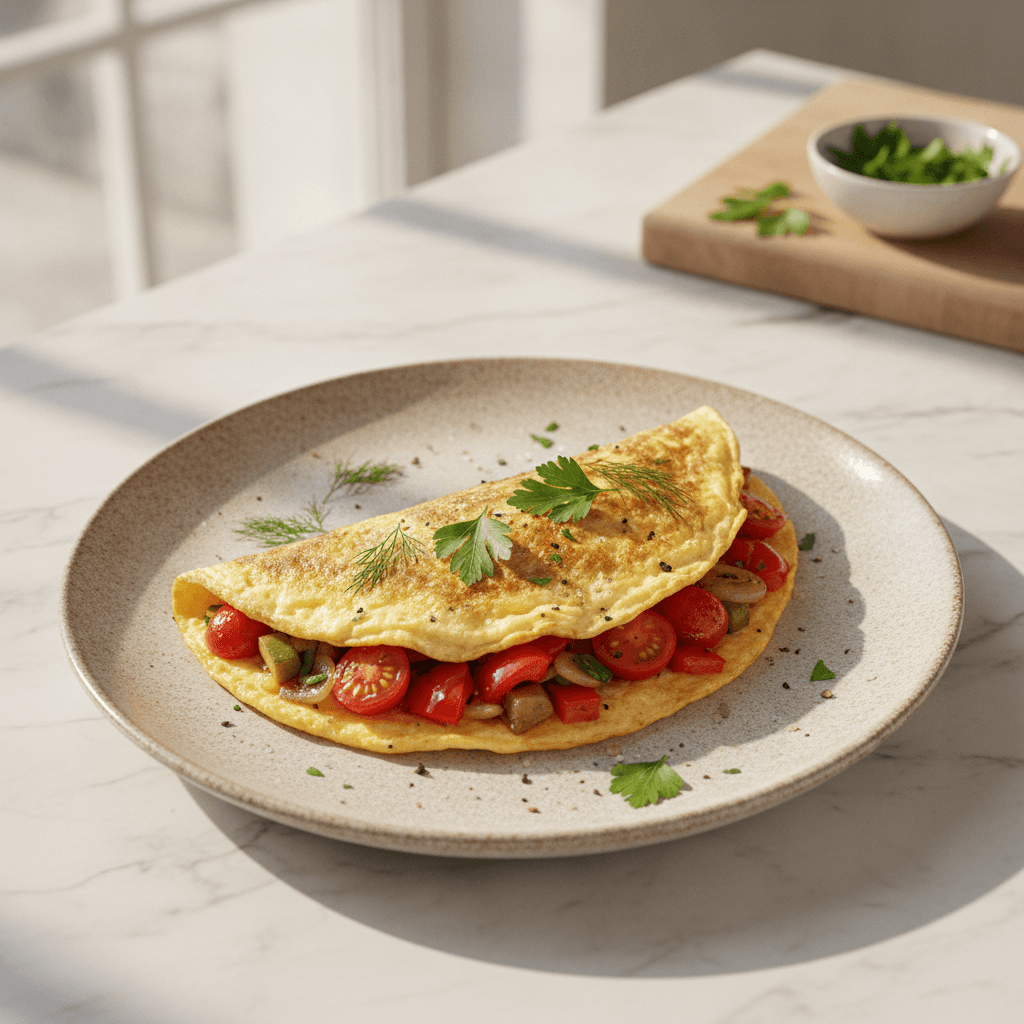 Pusmėnulio formos omletas su spalvotomis keptomis daržovėmis, pabarstytas žalumynais, patiektas lėkštėje.
