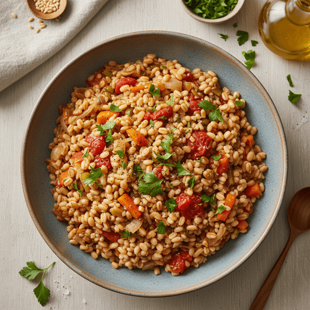 Lėkštė šiltos perlinių kruopų košės su apkeptomis morkomis, svogūnais ir pomidorais, papuošta šviežiomis petražolėmis.