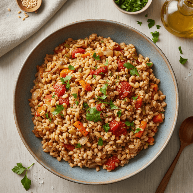 Lėkštė šiltos perlinių kruopų košės su apkeptomis morkomis, svogūnais ir pomidorais, papuošta šviežiomis petražolėmis.