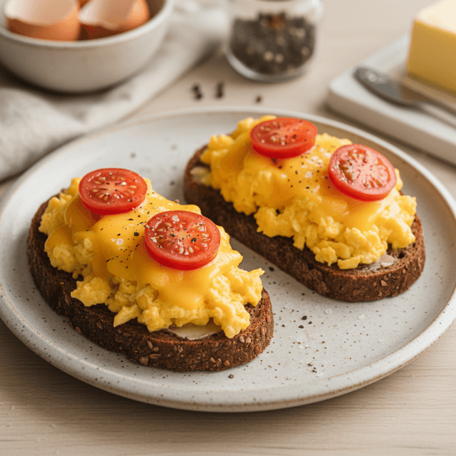Du sumuštiniai su puria kiaušiniene, išlydytu chederio sūriu ir šviežiais pomidorų griežinėliais ant skrudintos juodos duonos.
