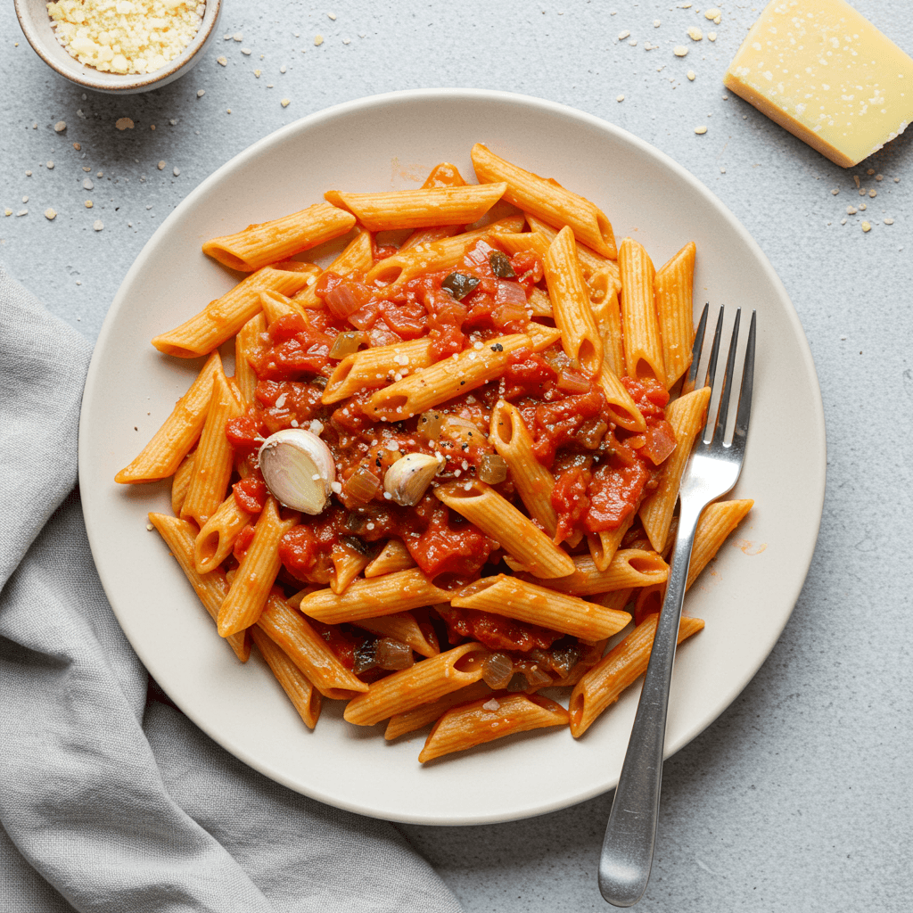 Small bowl of pasta with red tomato sauce and parmesan cheese