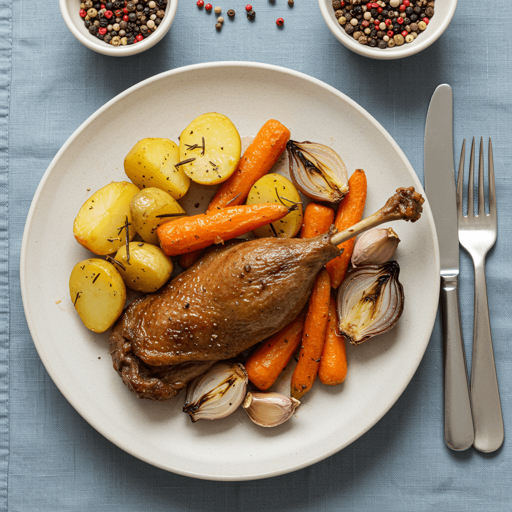 Golden roasted duck quarters with roasted carrots, potatoes, and onions, garnished with fresh rosemary, ready for lunch.