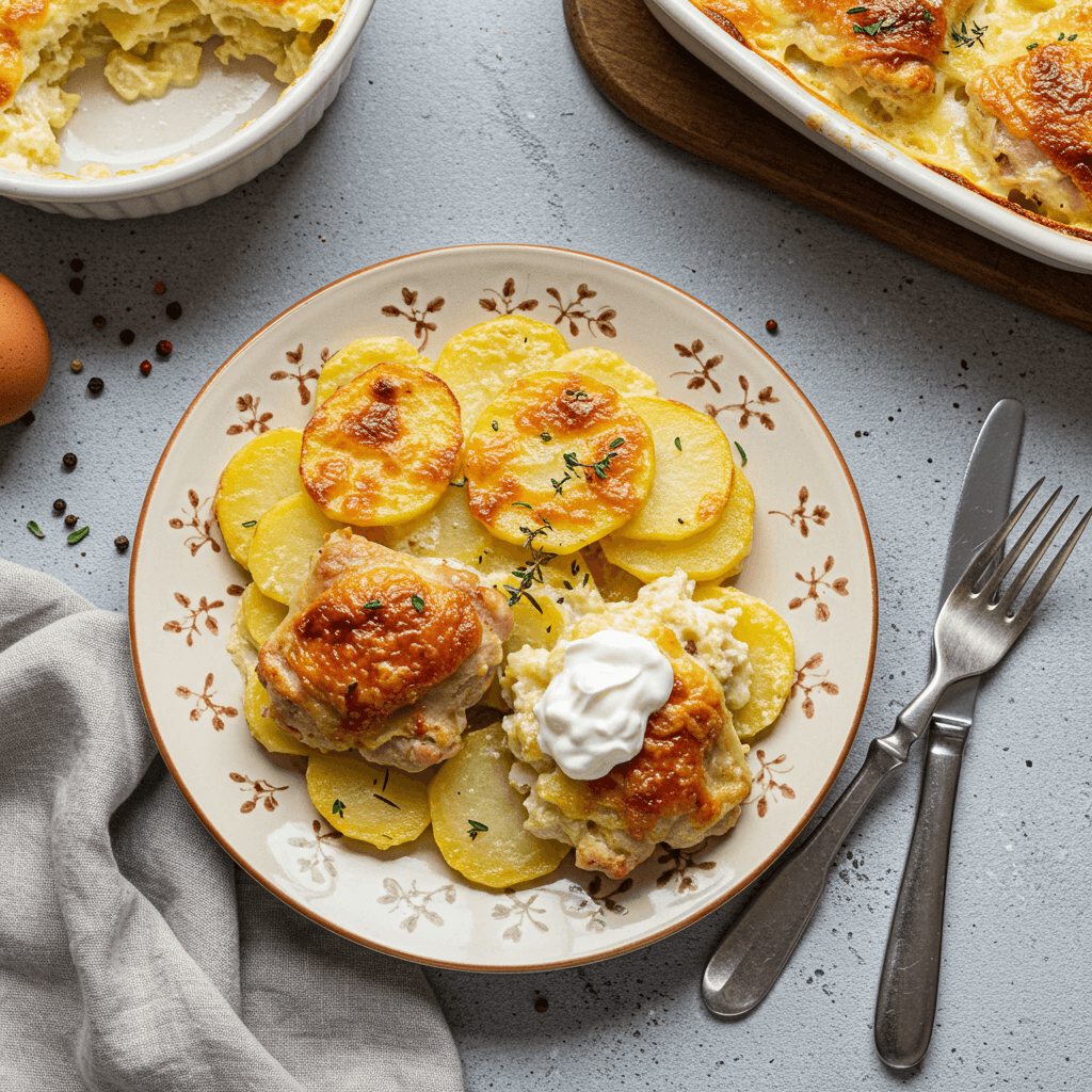 Golden brown chicken and potato casserole bake