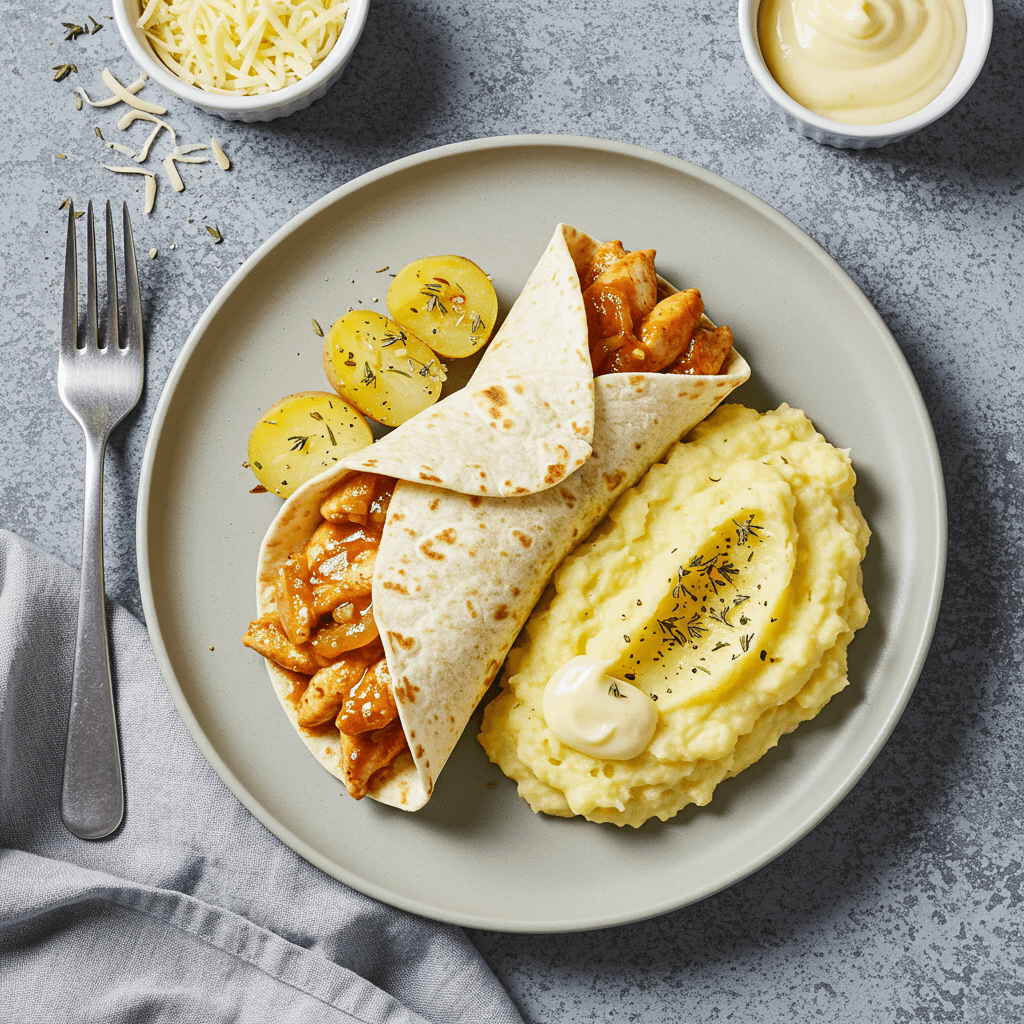Cheesy chicken and egg filled tortilla wrap served with creamy mashed potatoes.