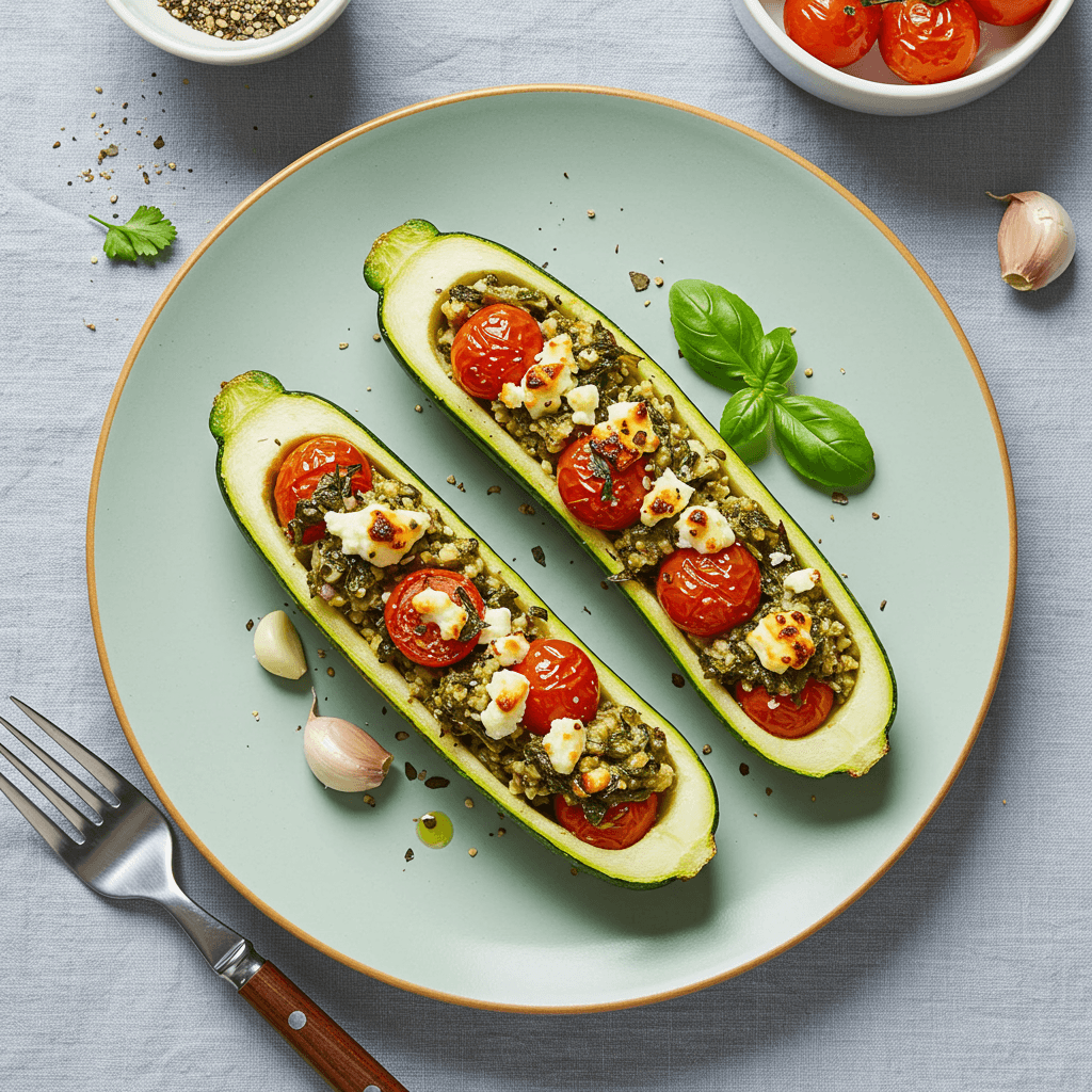 Close-up of two elegantly stuffed courgette boats, golden and bubbly, with green herbs and red tomatoes visible in the filling, on a white plate.