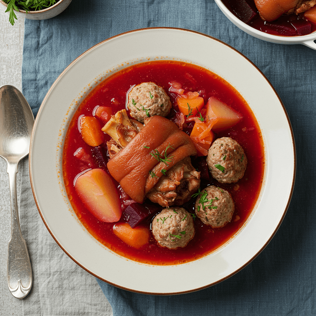 Royal Lithuanian Borscht with Smoked Hocks & Meatballs