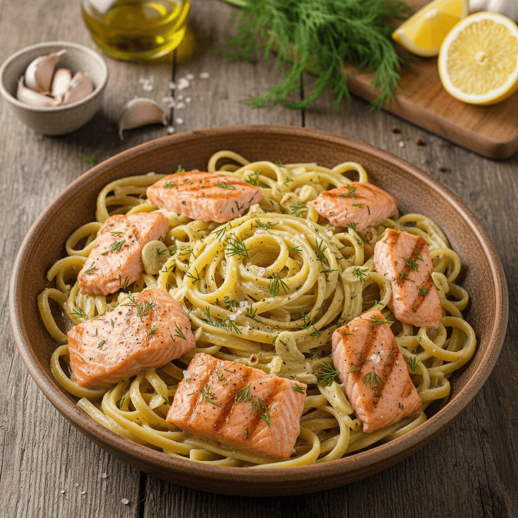 Salmon fillet with pasta in a creamy sauce, garnished with dill, served on a plate.