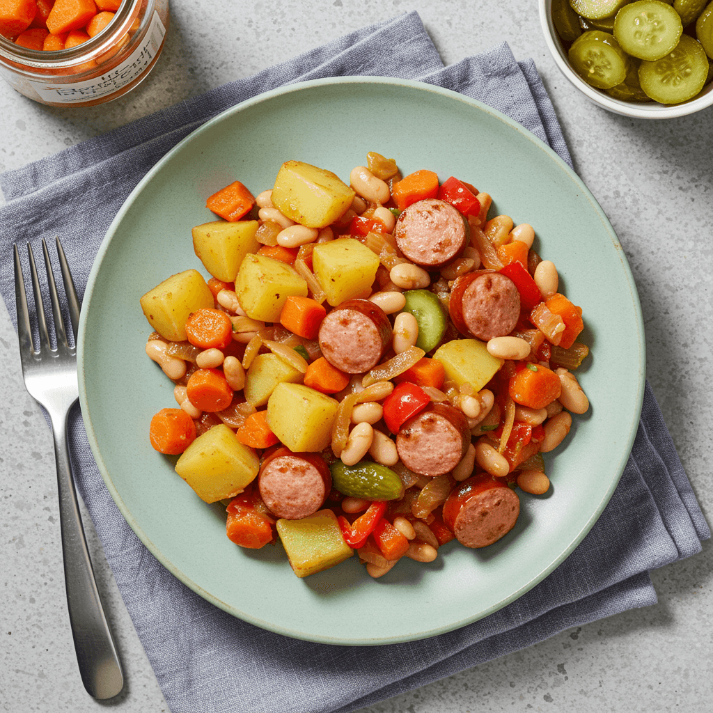 Hearty sausage and vegetable mash-up with beans and pickled cucumber