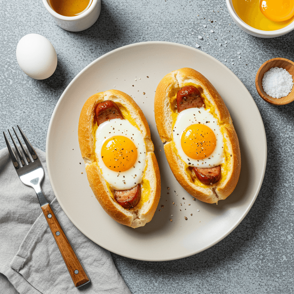 Breakfast boats made from bread, sausage, and egg.