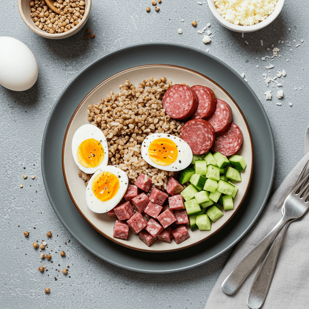 Colorful lunch bowl with grains, salami, eggs, cucumber, tomato, and cheese