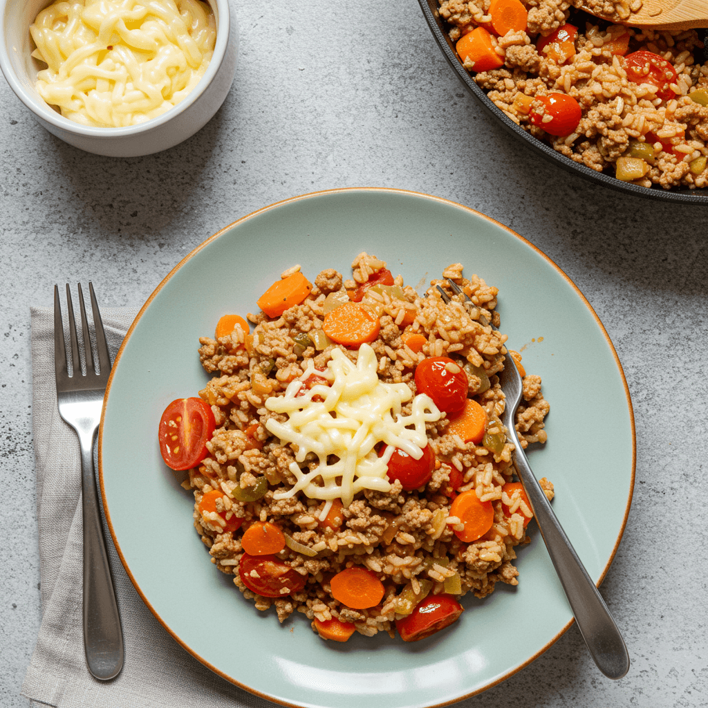 Savory Minced Meat Rice Skillet with Veggies and Creamy Cheese