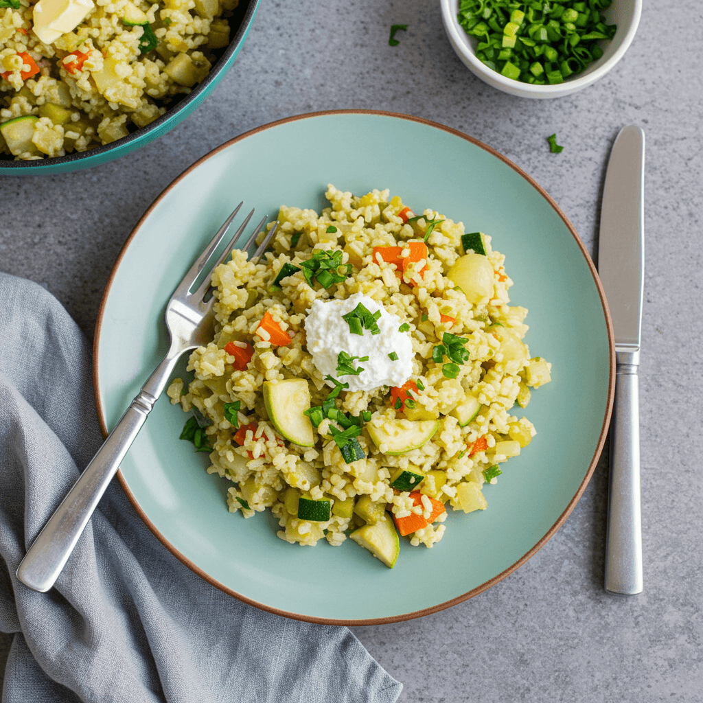 Savory Rice Skillet with Veggies and Curd Cheese
