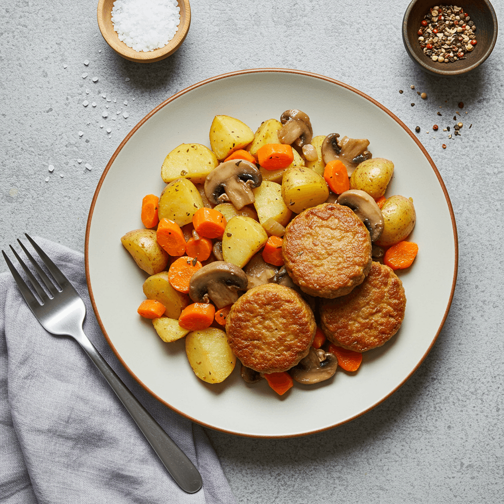 Savory Soy Patties with Potatoes, Carrots, and Mushrooms