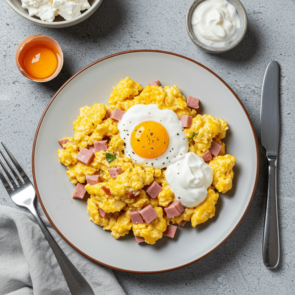 Scrambled Eggs with Smoked Ham, Quark, and Yogurt