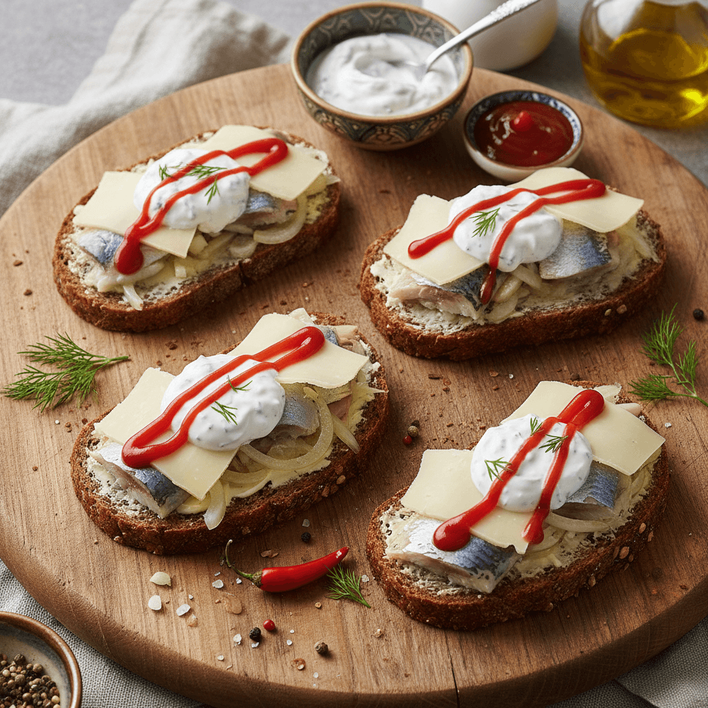 Du gardūs silkės sumuštiniai su fermentiniu sūriu ir krienų jogurtu, patiekti ant medinės lentelės.