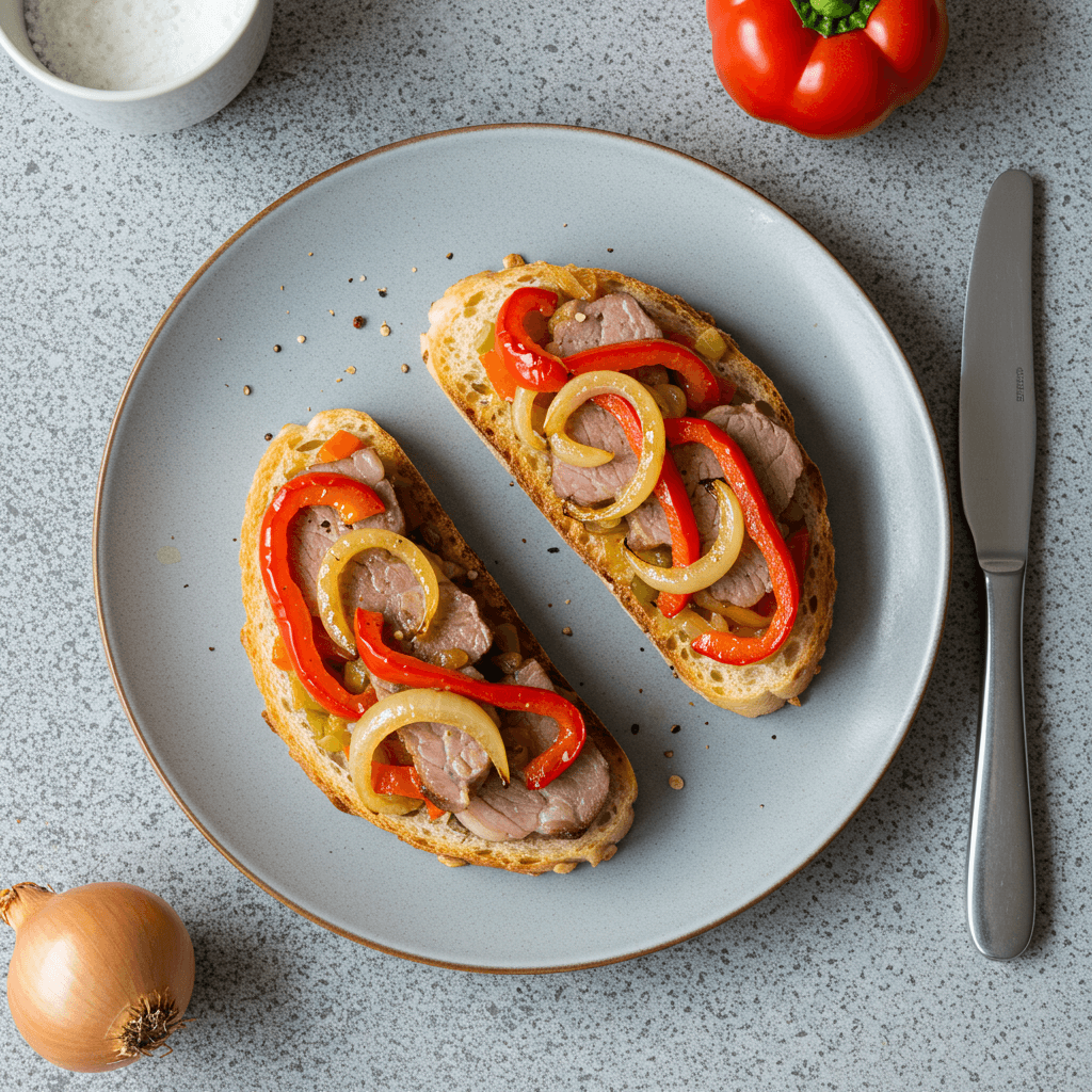 Simple toast topped with cooked pork neck slices, onions, bell pepper, and sour cream, with sliced tomatoes and cucumbers on the side.