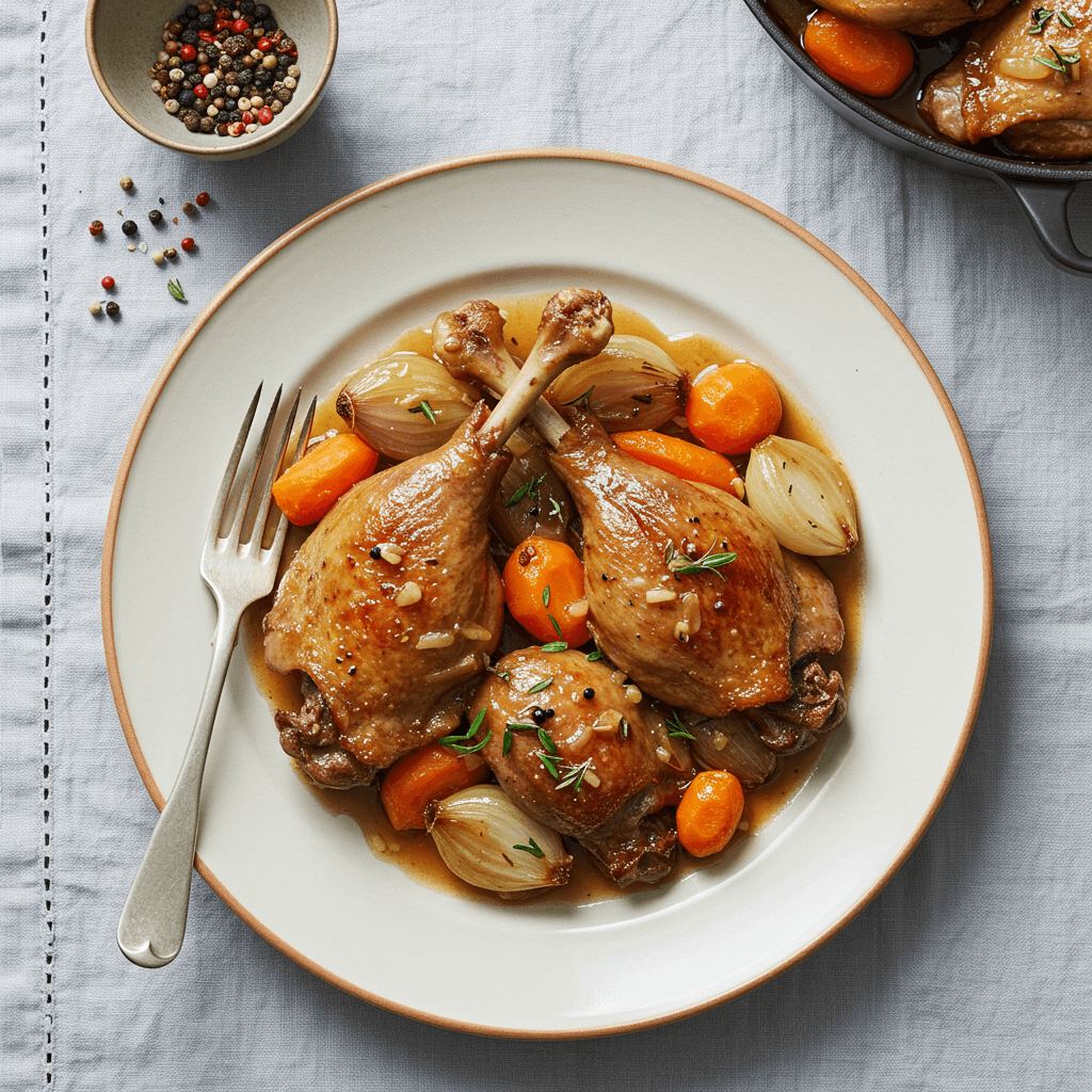 Close-up of golden brown, slow-braised duck legs with orange slices and herbs in a Dutch oven