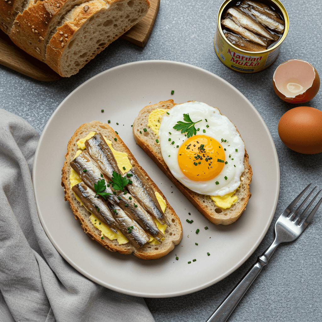 Open faced sandwich with sprats, egg, and herbs