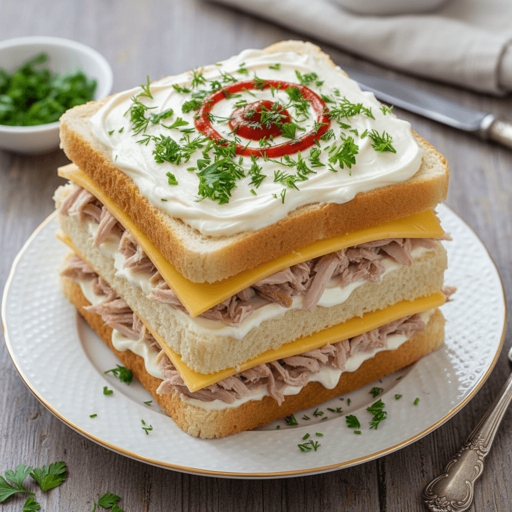 Daugiasluoksnis sumuštinių tortas su duona, virta mėsa ir sūriu, papuoštas žalumynais.