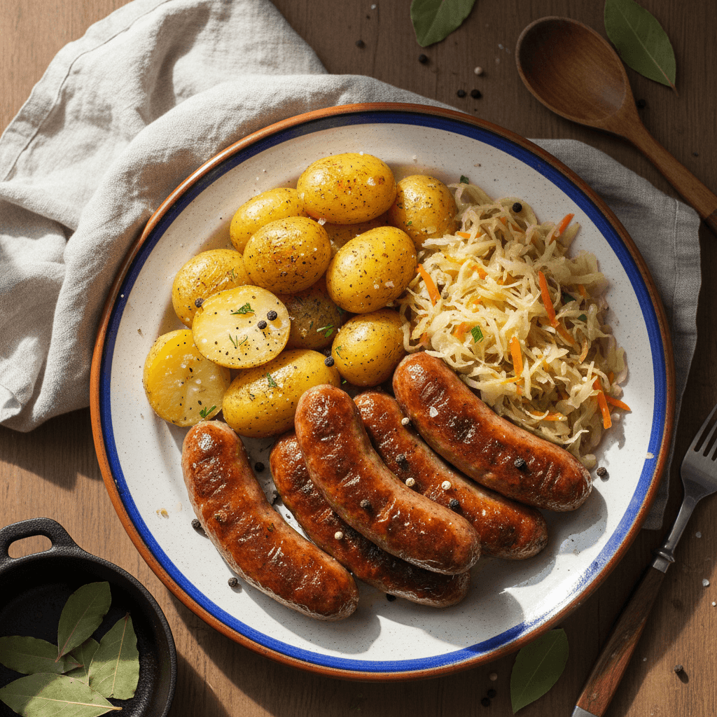 Lėkštė su keptomis dešrelėmis, bulvėmis ir troškintais raugintais kopūstais, pabarstytais žalumynais.