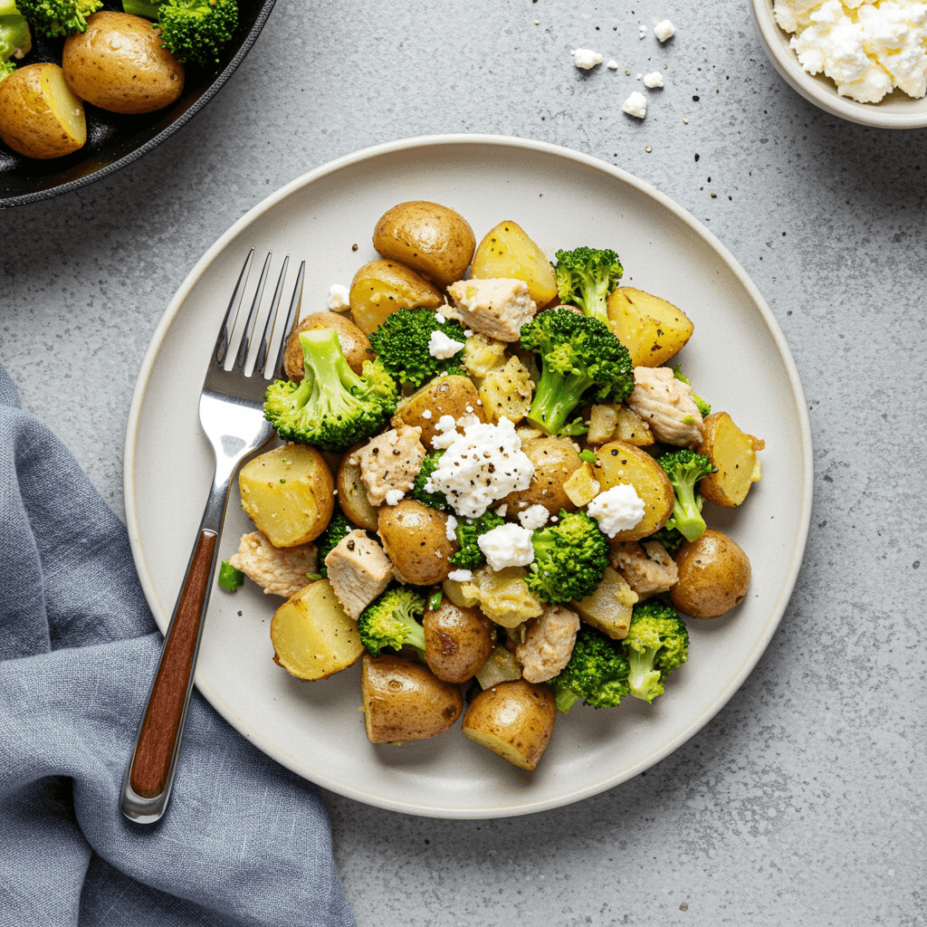 Quick turkey broccoli potato skillet with crumbled goat cheese
