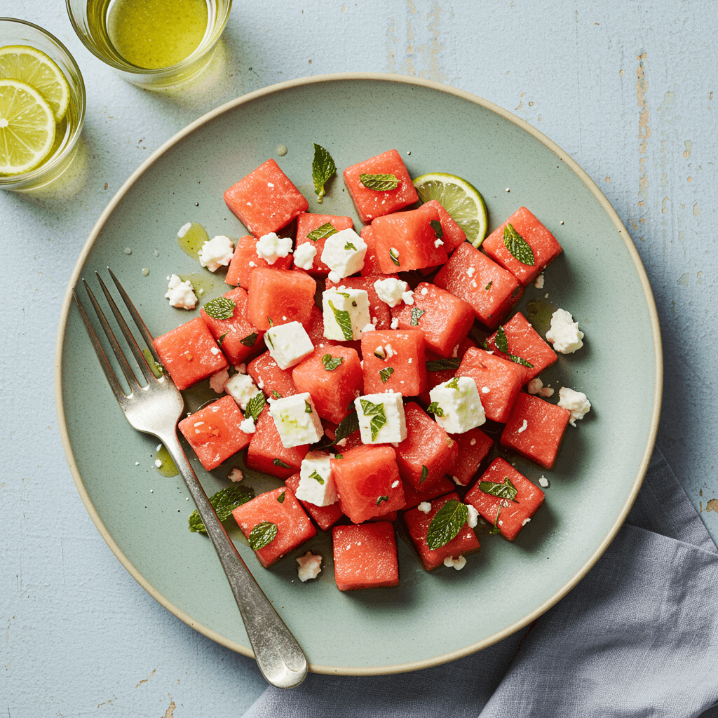 Close-up of a refreshing watermelon and feta salad with fresh mint leaves in a white bowl.