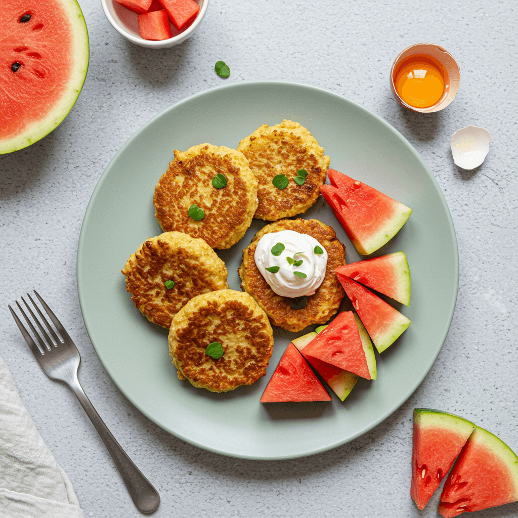Small golden fritters served with fresh cubed watermelon