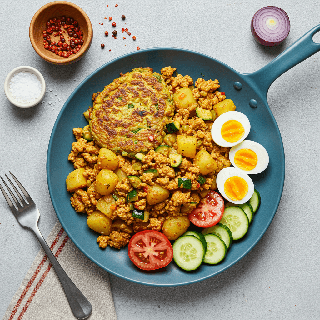 Hearty chicken and vegetable potato skillet topped with a fried egg, fresh tomatoes, cucumber, and curd cheese.