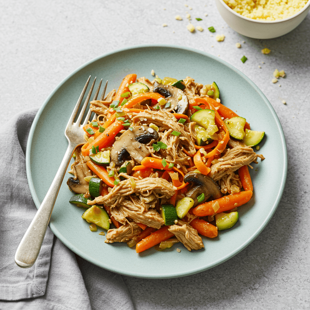 Close-up of a vibrant pulled turkey and vegetable skillet with mushrooms, carrots, and zucchini.